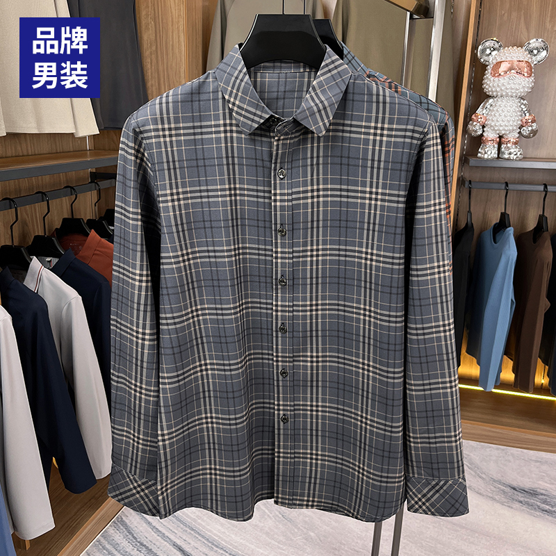 2025新款春秋季格子衬衫男士休闲长袖衬衣中年爸爸装翻领上衣宽松