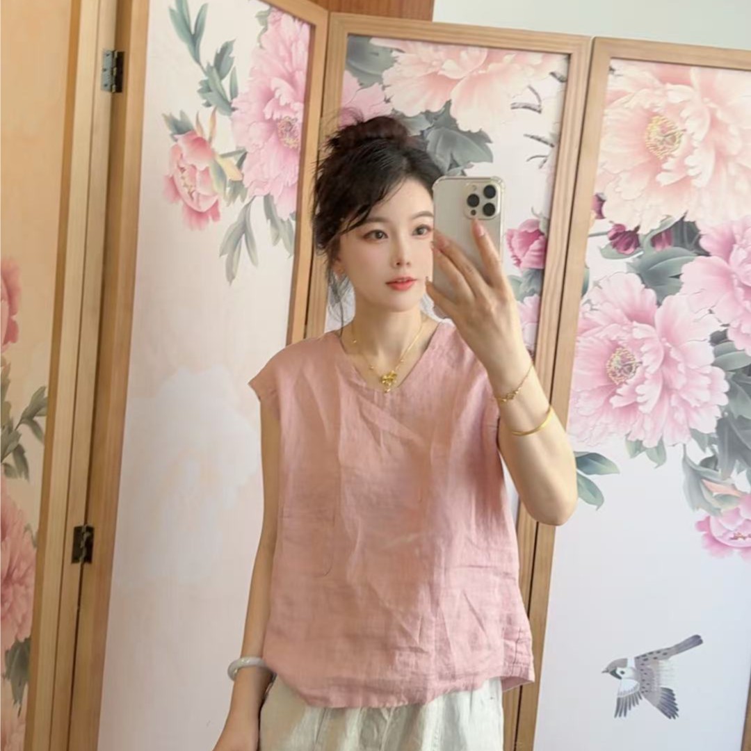 82528 国风中式亚麻小兜背心女2025夏季新款百搭无袖女士马夹