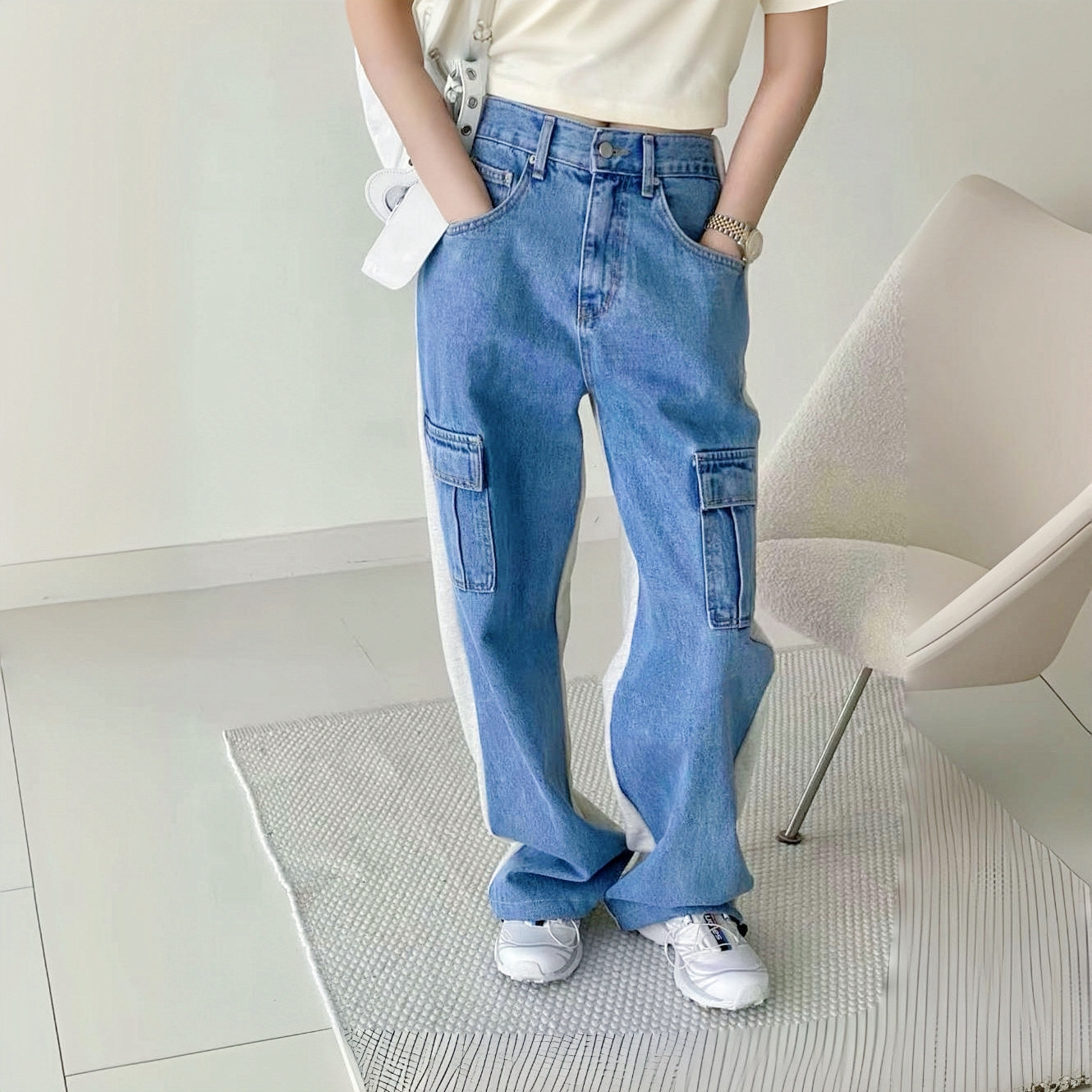 2731欧韩系～牛仔拼接AB面工装裤