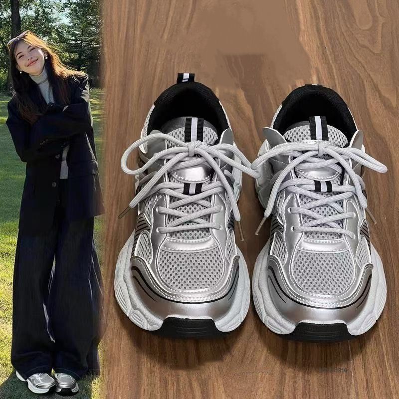 厚底老爹鞋女款2025新款春夏显脚小复古女鞋子爆款银色休闲运动鞋