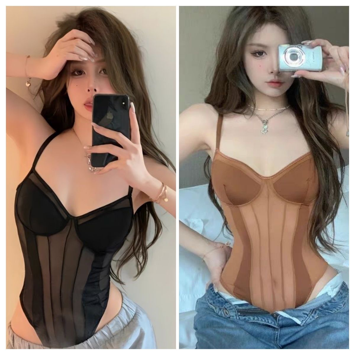 【有胸垫】性感辣妹吊带背心女弹力网纱拼接透视鱼骨修身连体上衣