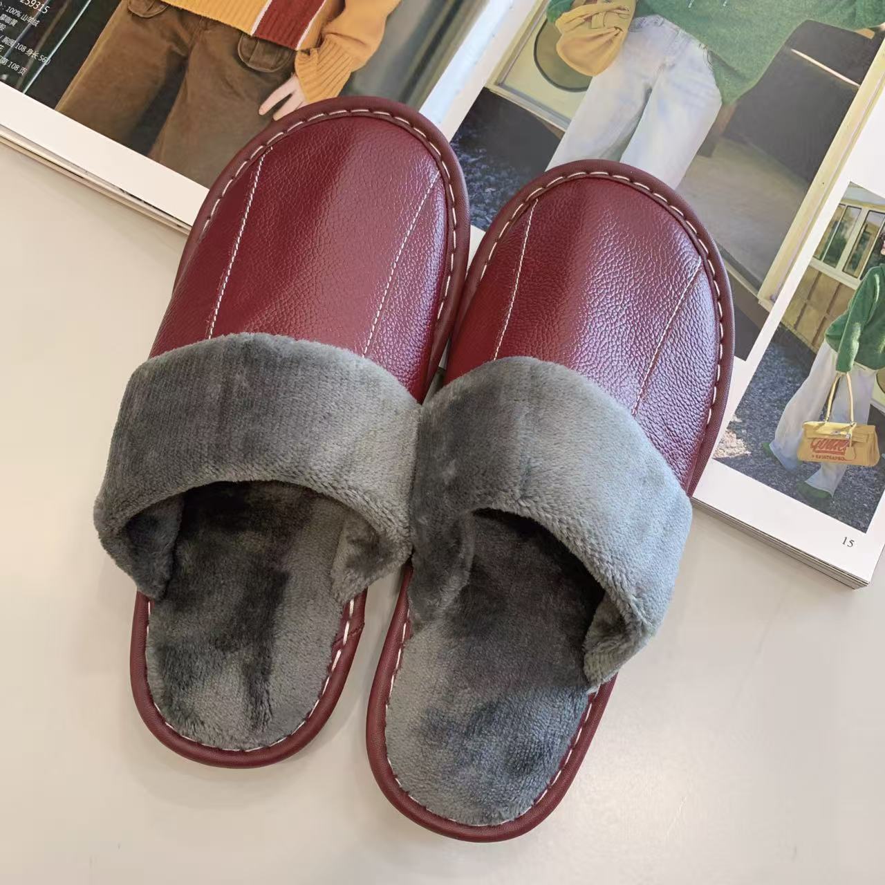 秋冬男女款包头皮拖鞋