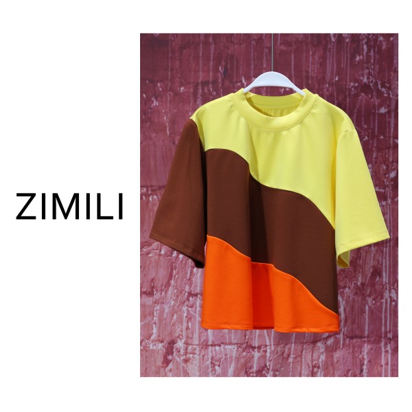 【亮哥女装】2025欧版《韵然》黄咖橘三色拼高克重休闲短袖7972-C7