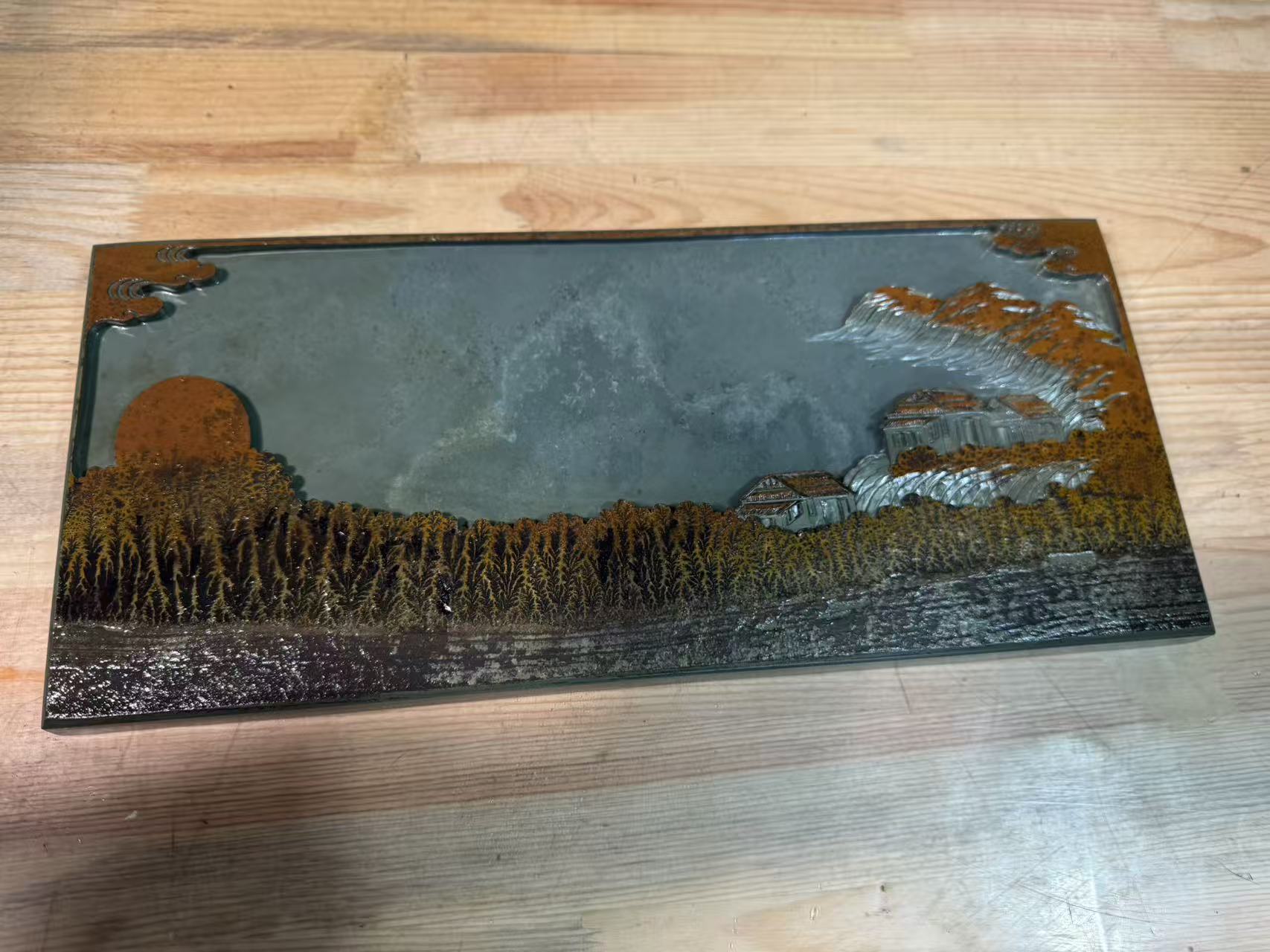 辽砚松花砚松花石天然水草画面石手工雕刻砚台石茶盘干泡茶盘砚台