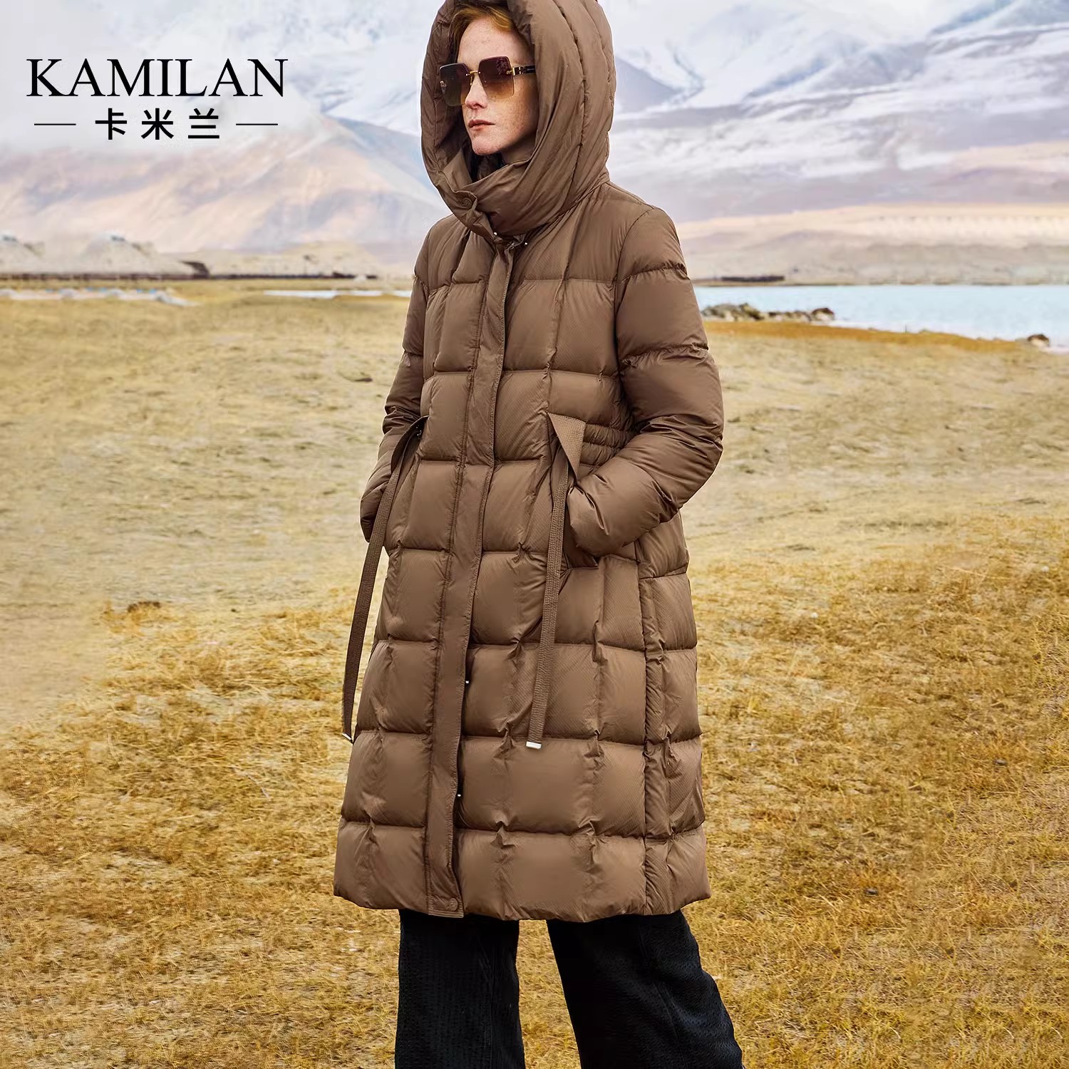 卡米兰白鸭绒羽绒服女2025冬季新款时尚中长款女士羽绒外套连帽
