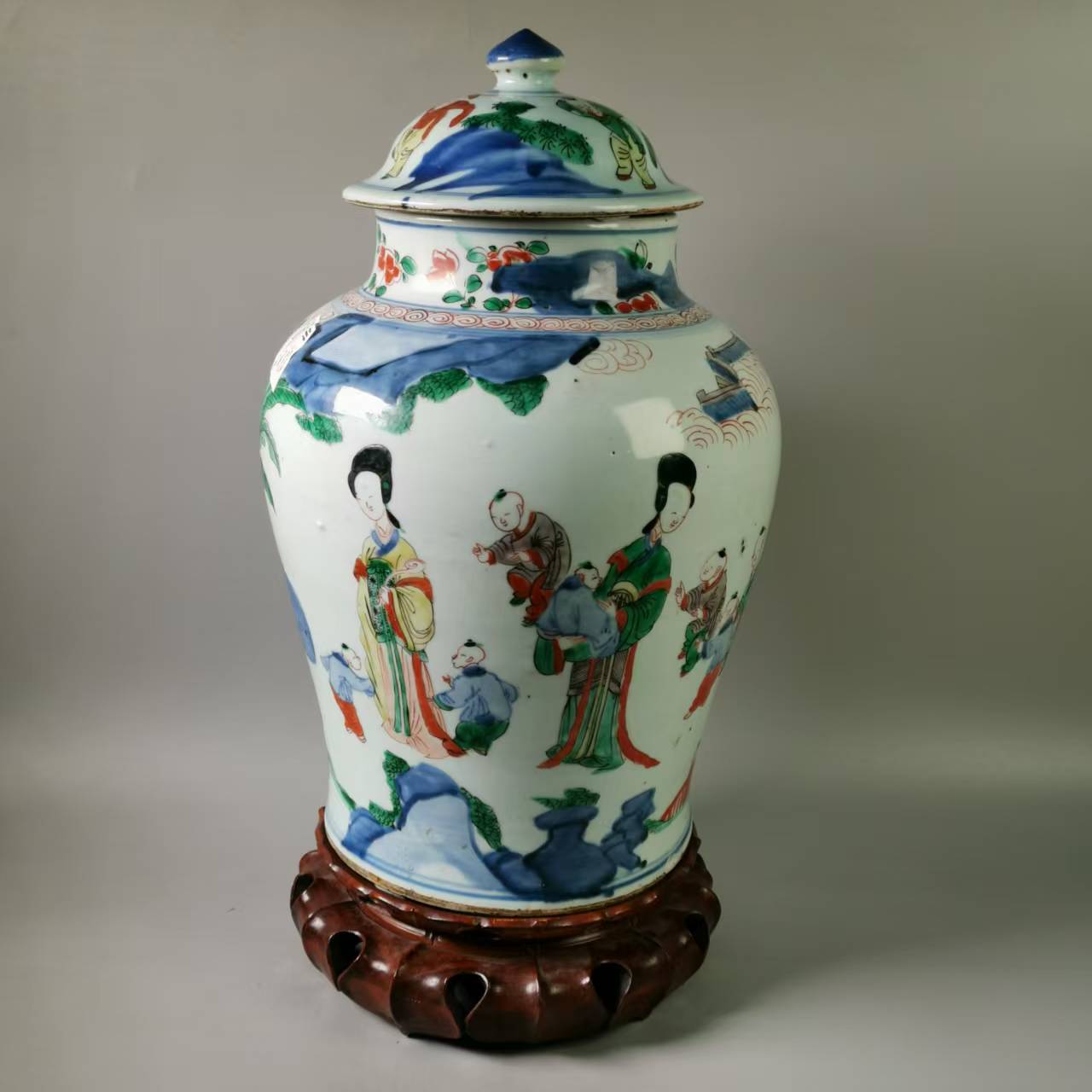 SCS55855康熙青花五彩四妃十六子图纹将军罐