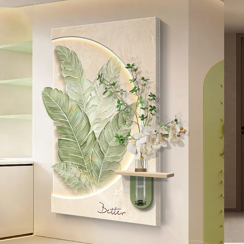 家大业大玄关装饰画水培绿植走廊过道挂画奶油风客厅立体砂岩壁画