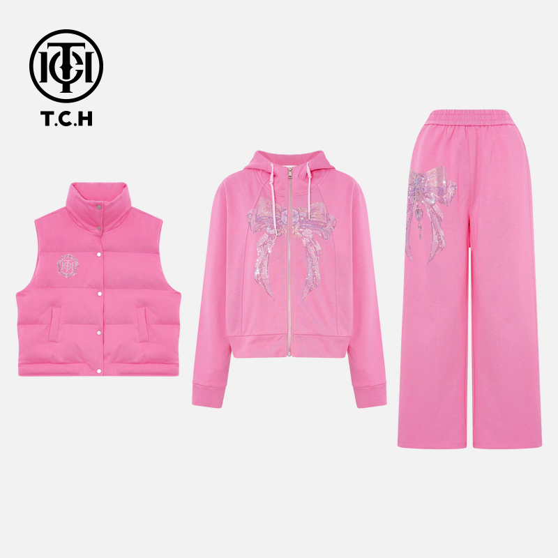 TCH【懒人穿搭】冬款时尚烫钻淑女贵气粉色女装套装T75D07E1059