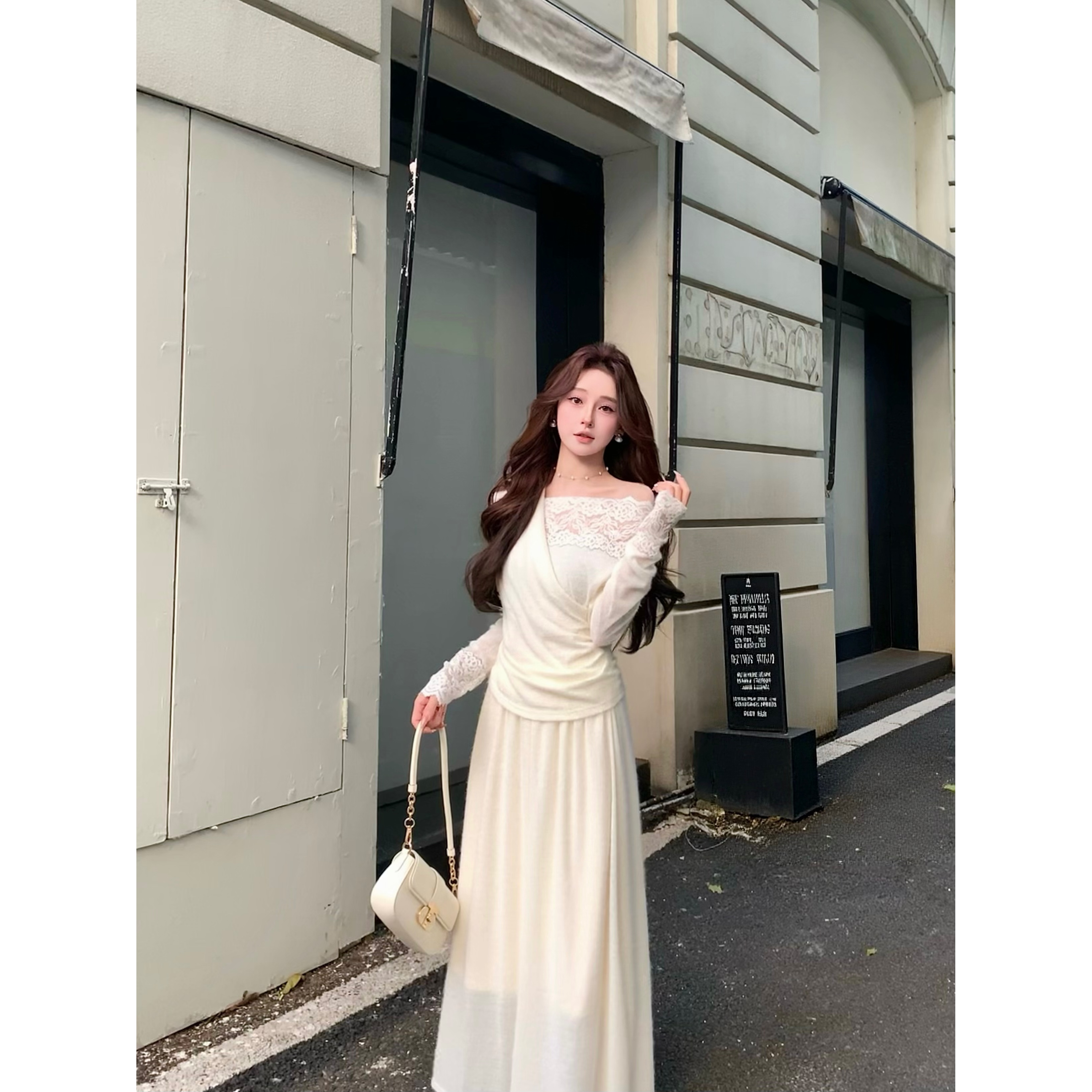 【暮纱雪缕】法式长袖针织蕾丝拼接上衣垂感半身裙套装