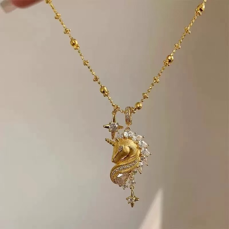 纯铜项链 时尚高级拉丝精致独角兽项链闪耀星芒锁骨链