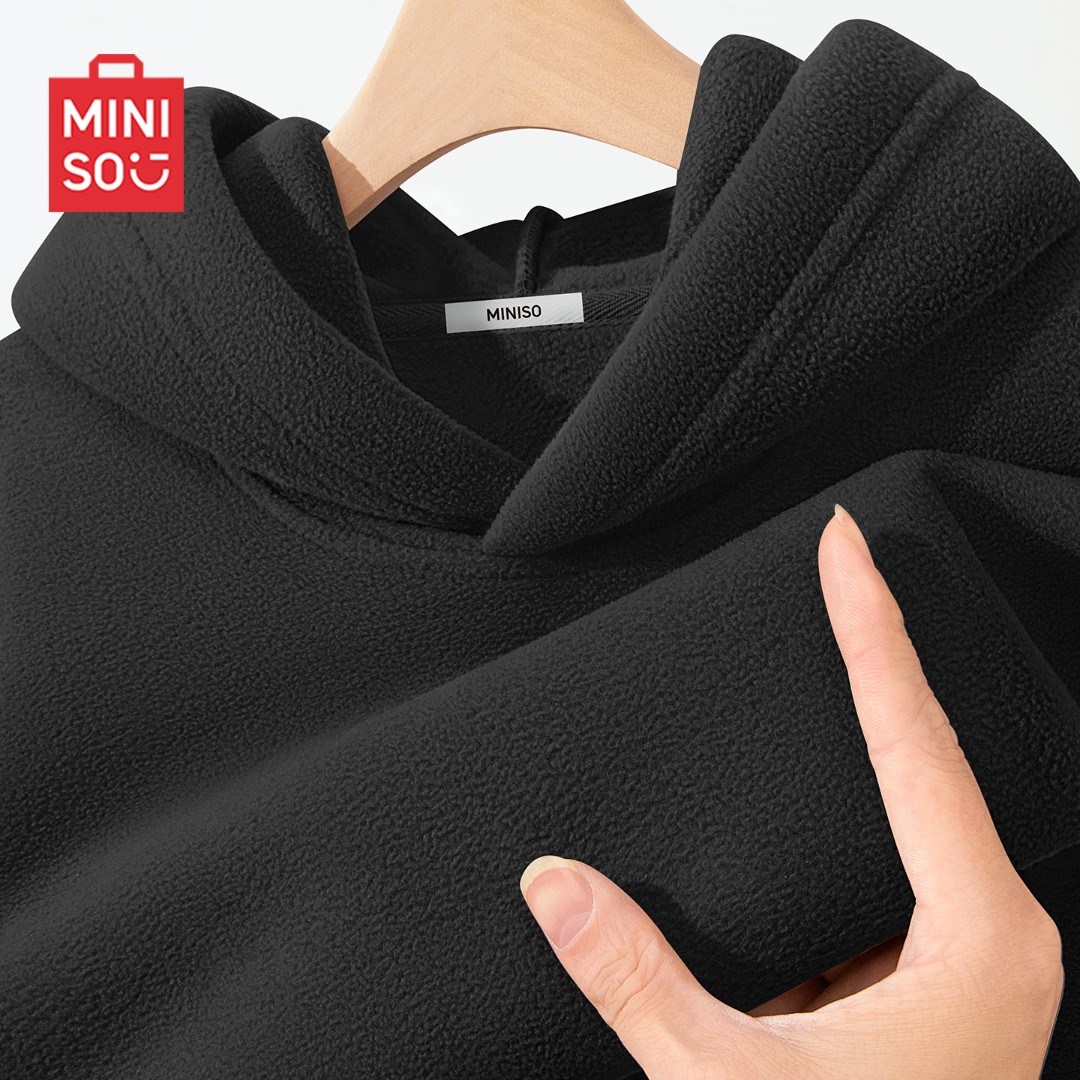 MINISO名创优品黑色加绒摇粒绒卫衣男冬季内搭叠穿青少年连帽外套