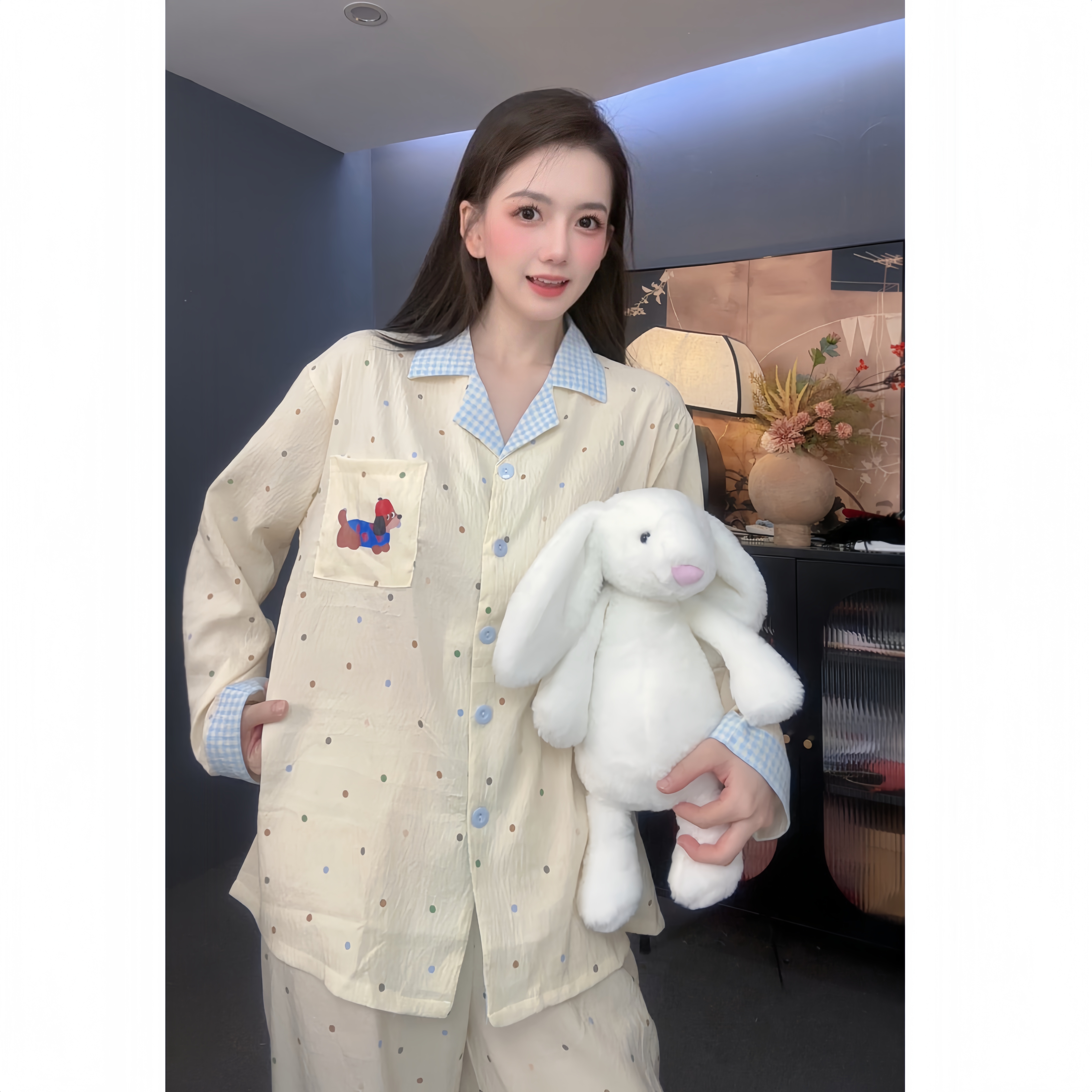 【波点腊肠狗】卡通简约长袖睡衣套装女秋季薄款两件套家居服可外穿