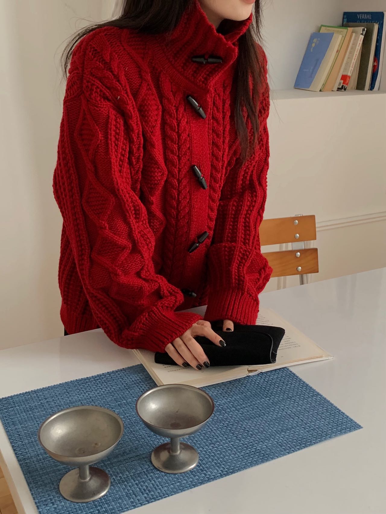 高领麻花菱格|慵懒风牛角扣针织开衫韩系穿搭长袖高领毛衣保暖