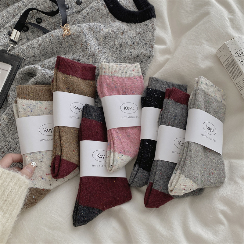 2024袜子女秋冬点子纱袜子女士秋冬暖绒女袜撞色中筒保暖女袜