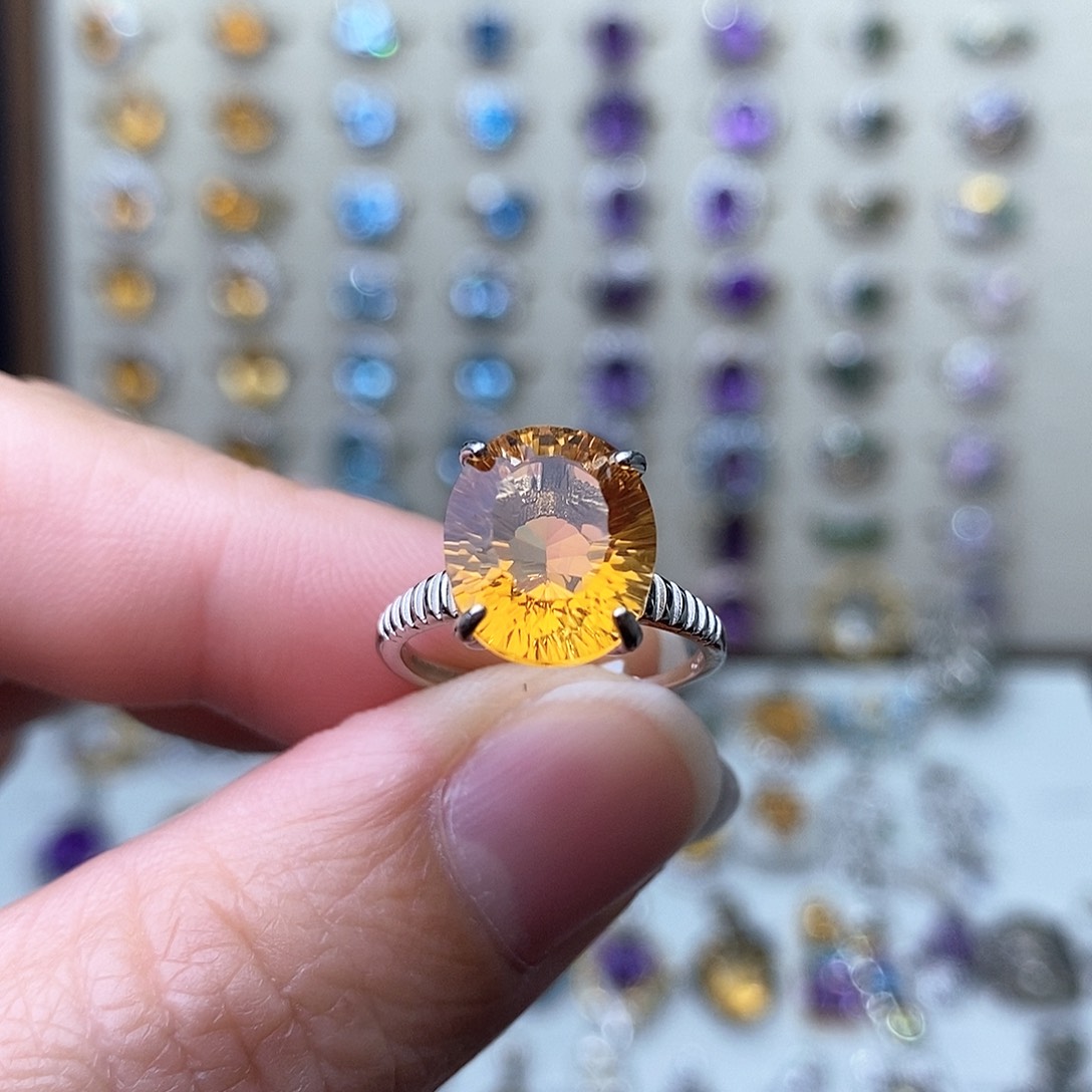 黄晶戒指银S925镶嵌一物一证