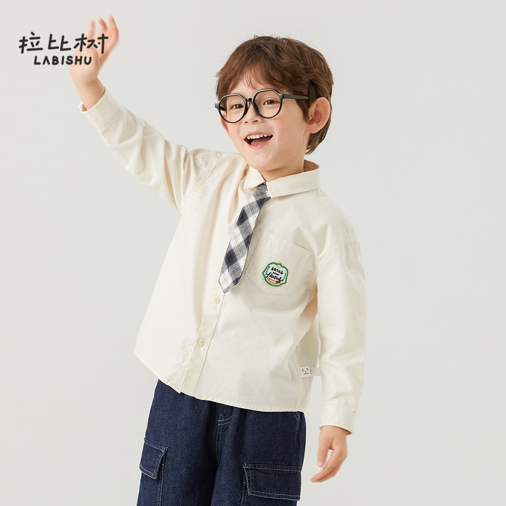 拉比树2025春季新款纯棉衬衣春季男童休闲学院风衬衫舒适百搭上衣