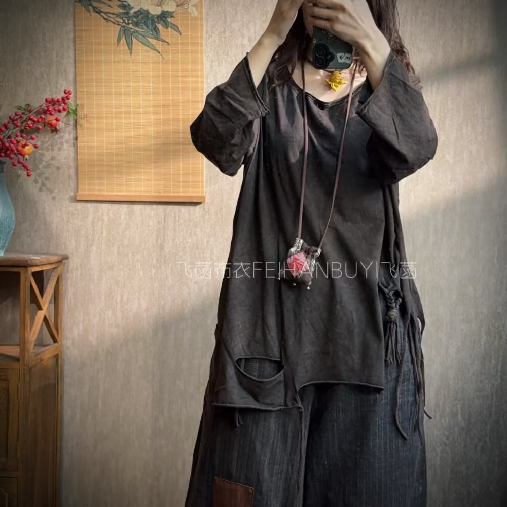 复古炒色做旧条纹破洞脏辫流苏宽松T（长80胸围130）