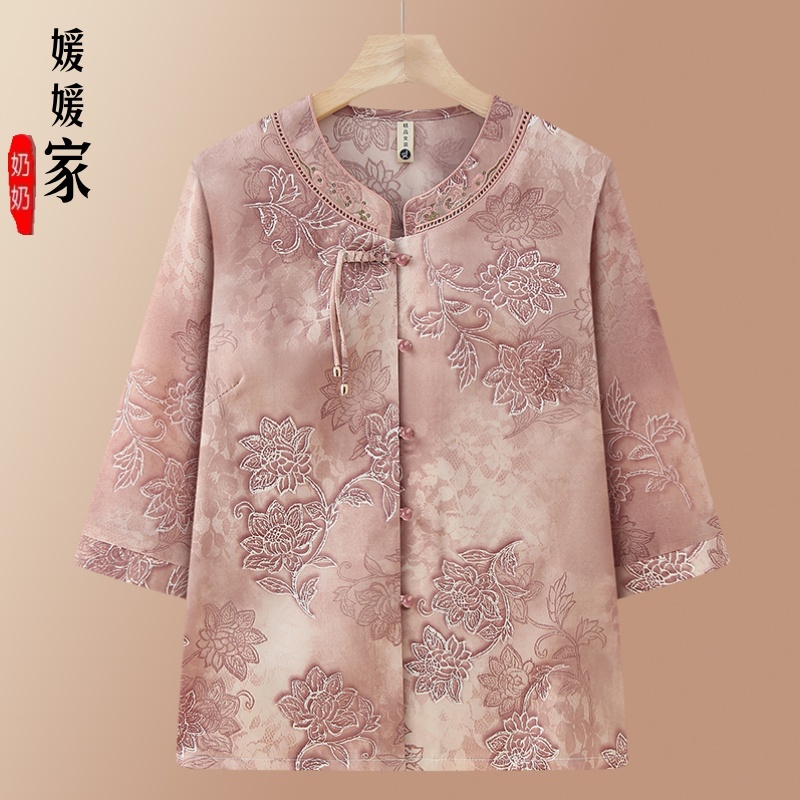 中老年人妈妈夏装薄款七分袖衬衫女奶奶国风新款开衫70老太太上衣