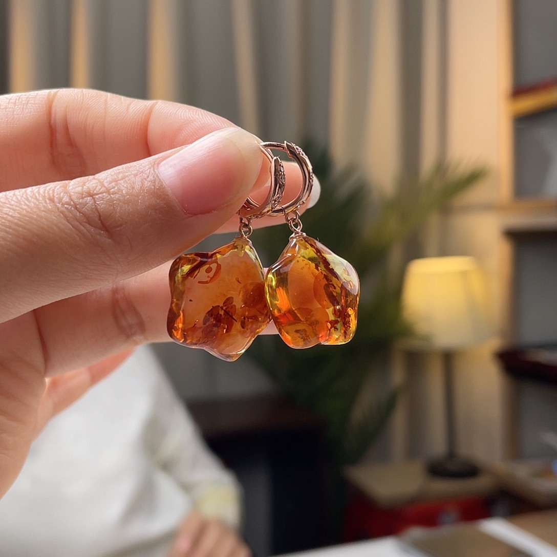 琥珀裸石银S925镀金镶嵌琥珀耳环