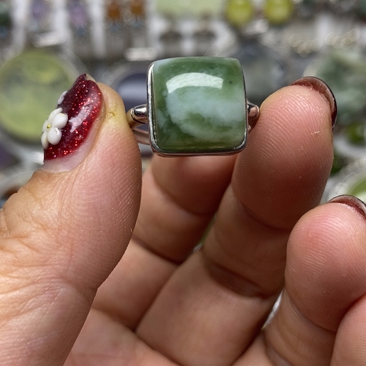 蛇纹石玉戒指银S925镶嵌