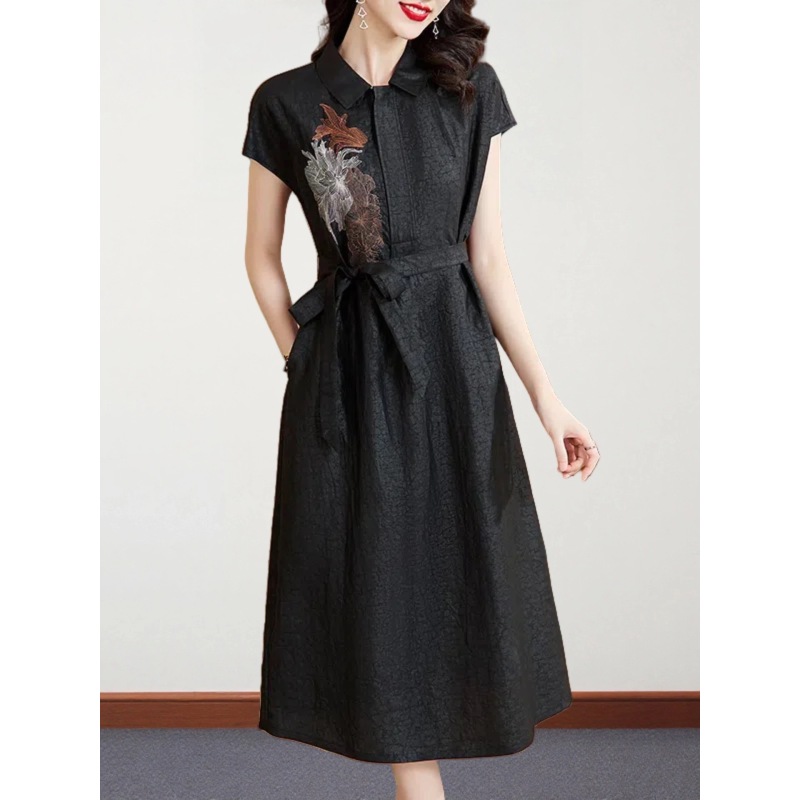 【2411】2025夏季新款高端衬衫领裙子龟纹香云纱连衣裙