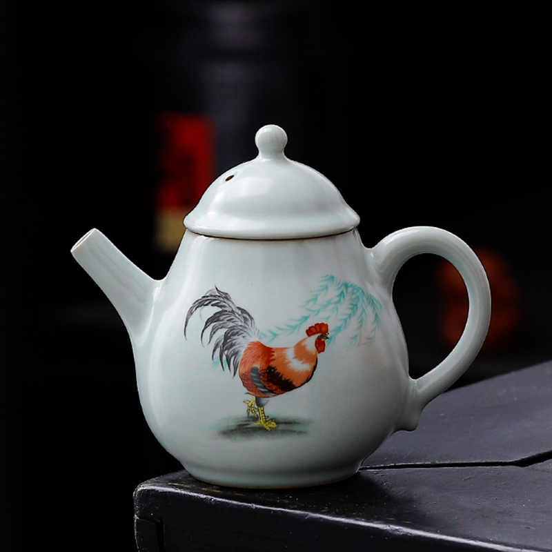 谦杯 汝窑公鸡壶E9010手工复古家用陶瓷中式蝶恋花青瓷珐琅彩