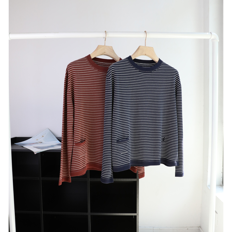 “精梳棉针织T“ 超级牛 日系条纹宽松显瘦休闲圆领H型长袖打底衫女