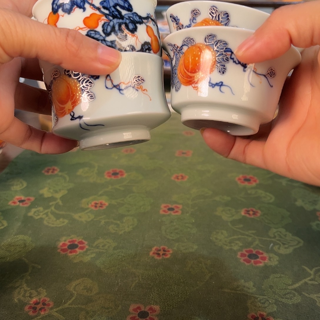 ****༻青花加彩南瓜葫芦杯4个