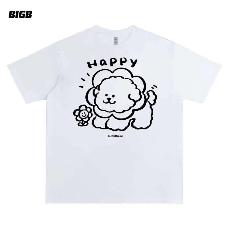 BIGB线条开心狗狗美式简约日常潮流运动宽松男女同款纯棉短袖T恤