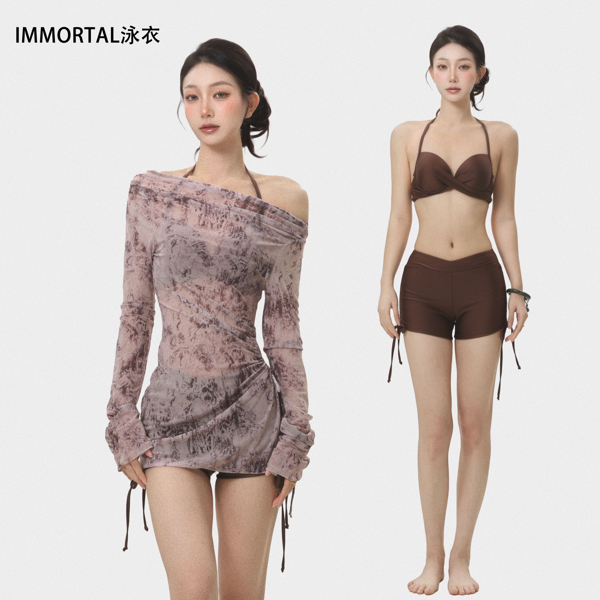 冬季分体泡温泉泳衣三件套扎染长袖甜美风防紫外线T恤打底衫显瘦