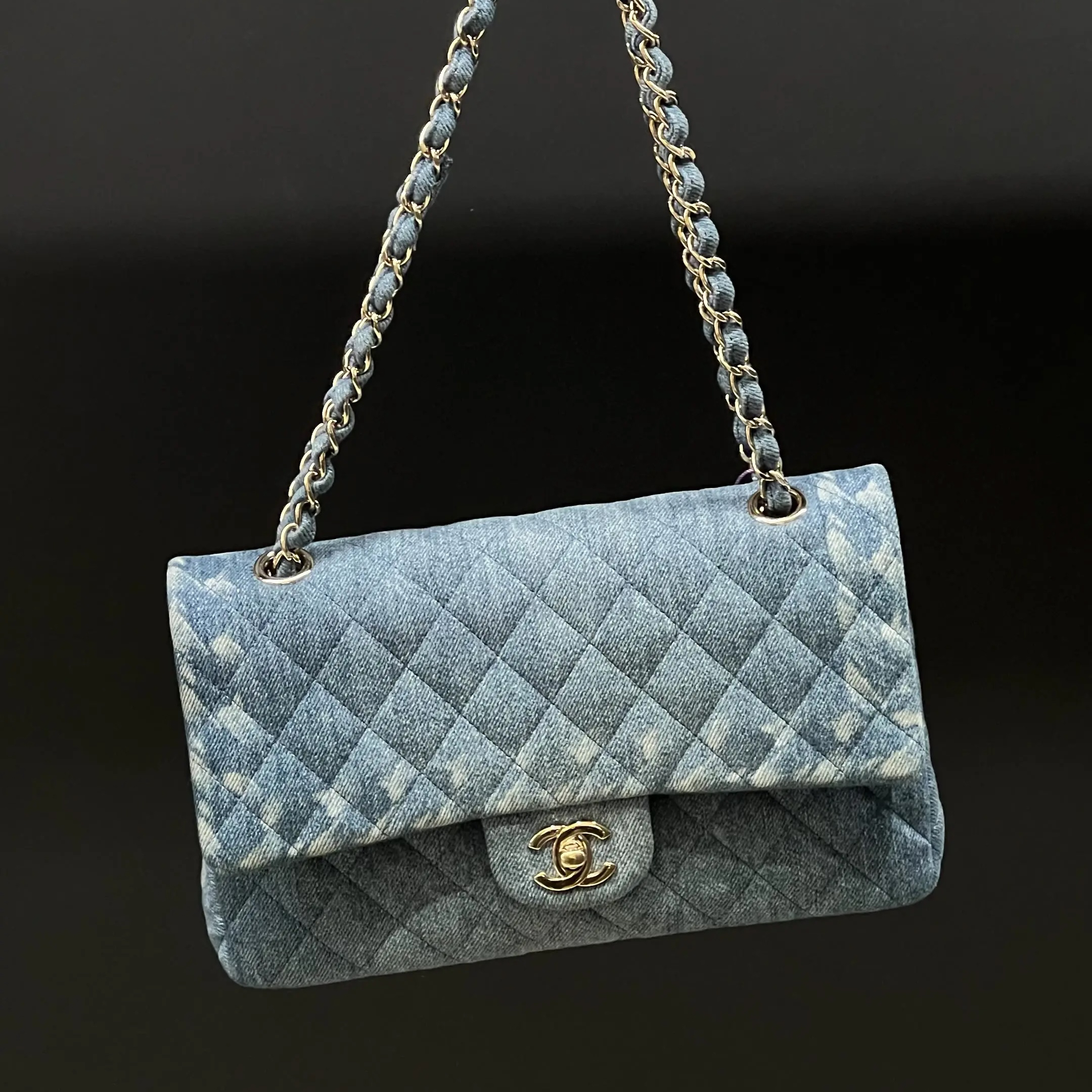 99新 Chanel/香奈儿 6268 牛仔蓝金扣丹宁cf双盖单肩包中号18-19