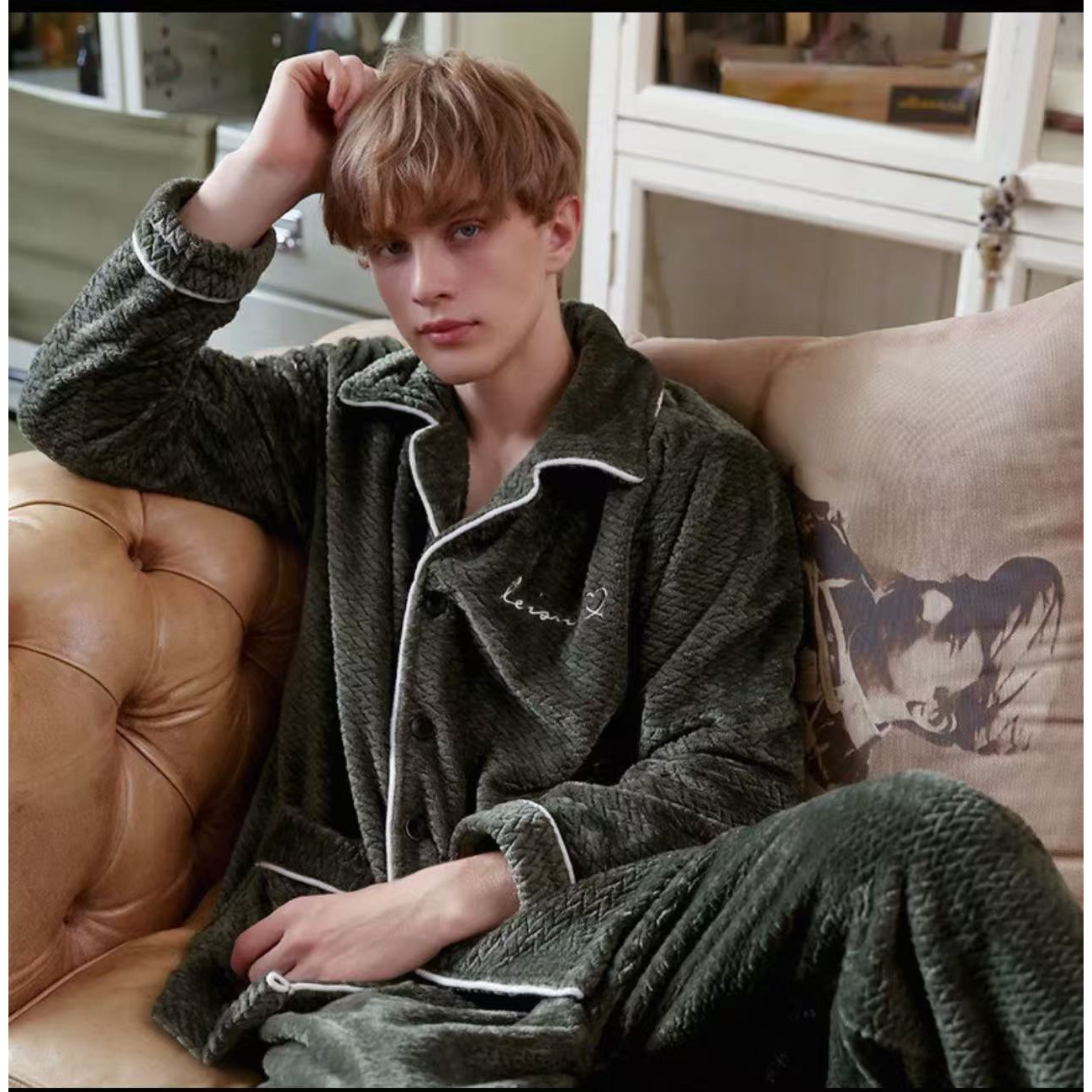 36-男士秋冬季暗绿色开衫海岛绒家居服套装