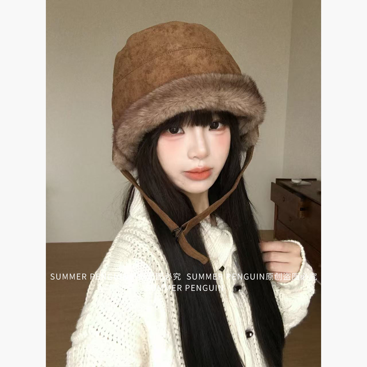 SUMMER PENGUIN麂皮绒加厚护耳雷锋帽渔夫帽女秋冬大头围蒙古帽子