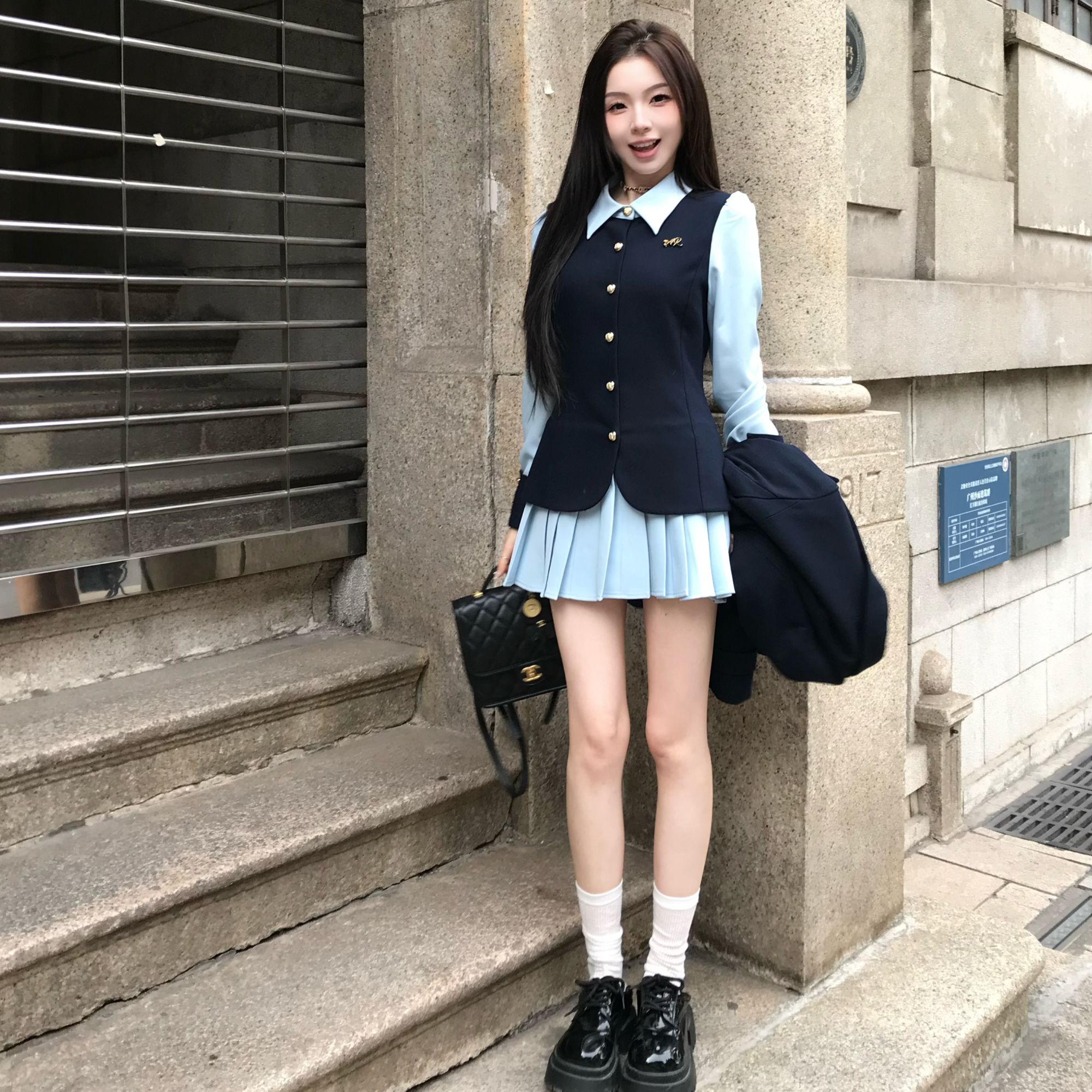 【冬装上新】冬季小众设计假两件拼接撞色单排扣气质时尚女连衣裙