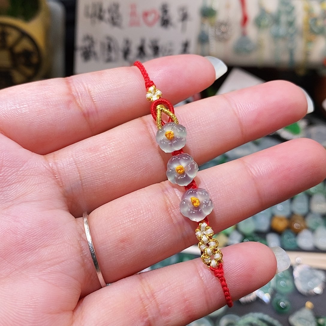 翡翠未镶嵌颈饰高冰小花红绳15