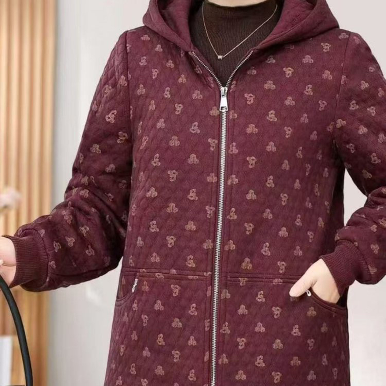 冬季新款加绒加厚碎花连帽大码妈妈装中老年休闲保暖外