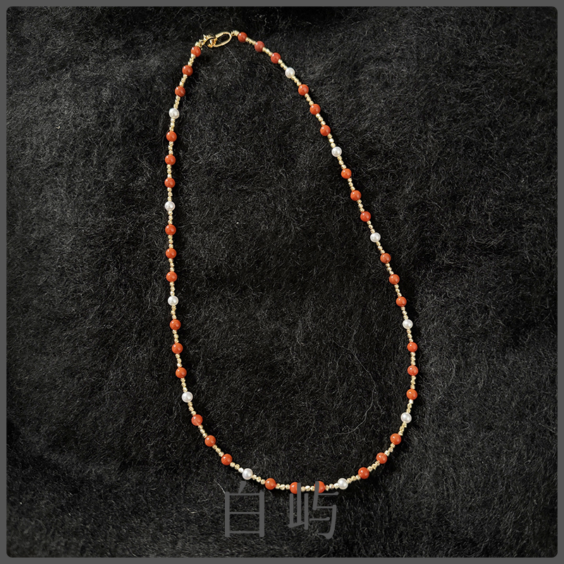 N174天然淡水珍珠S925银南红项链4-5mm