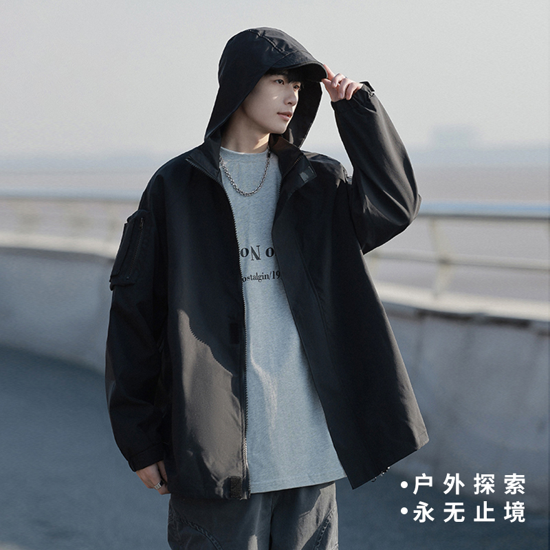 免烫春季连帽男秋季痞帅拉链夹克潮流宽松春秋季帅气YF2364