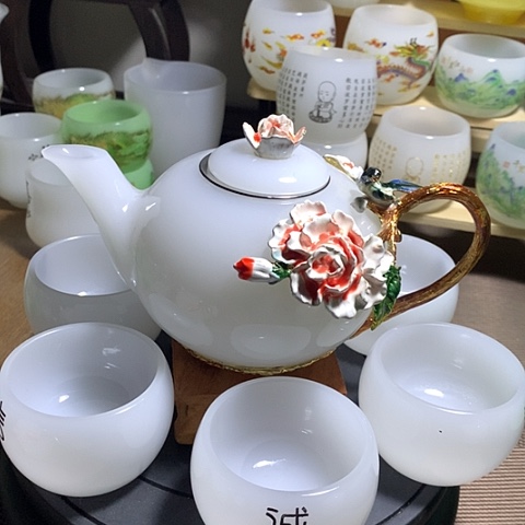 羊脂玉瓷琉璃中式珐琅彩花开富贵一壶六杯礼盒套装