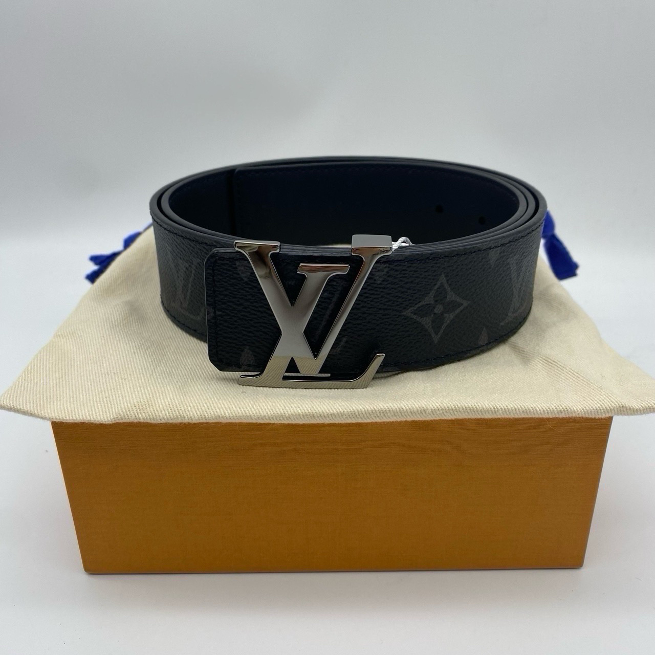 99新 LV lv路易威登黑花双面乌黑扣皮带90码12469101