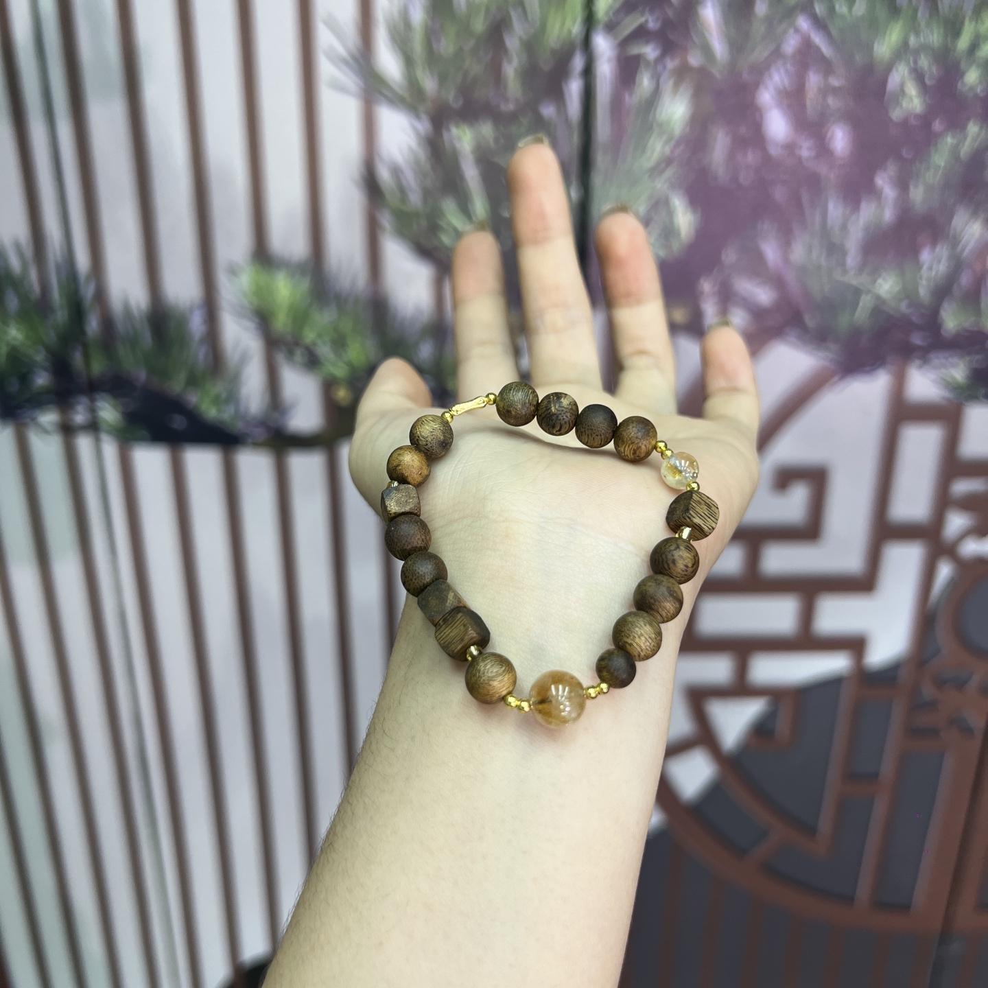 沉香天然奇楠沉香木拼接黄塔晶手链国风小众设计手饰串-015