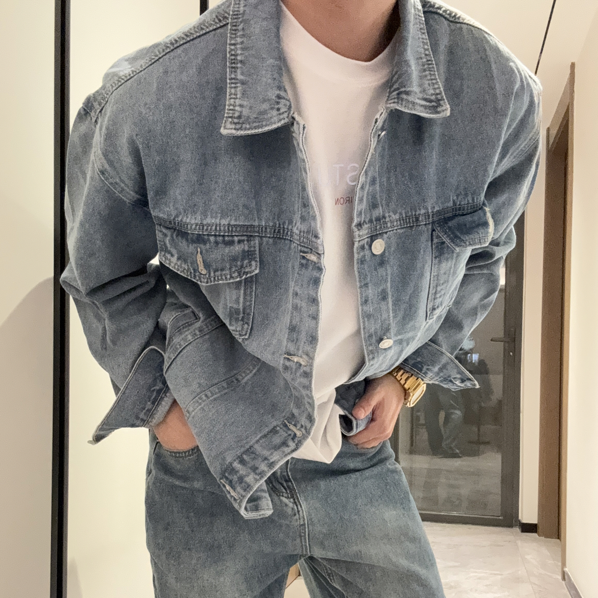 RIVER/早秋洗水复古系列简约质感做旧牛仔裤牛仔外套套装