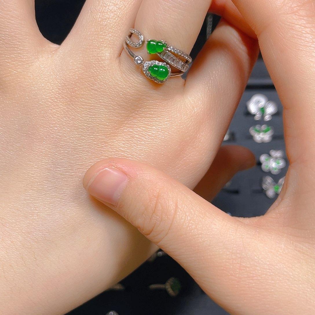 翡翠戒指银S925镀金镶嵌戒指