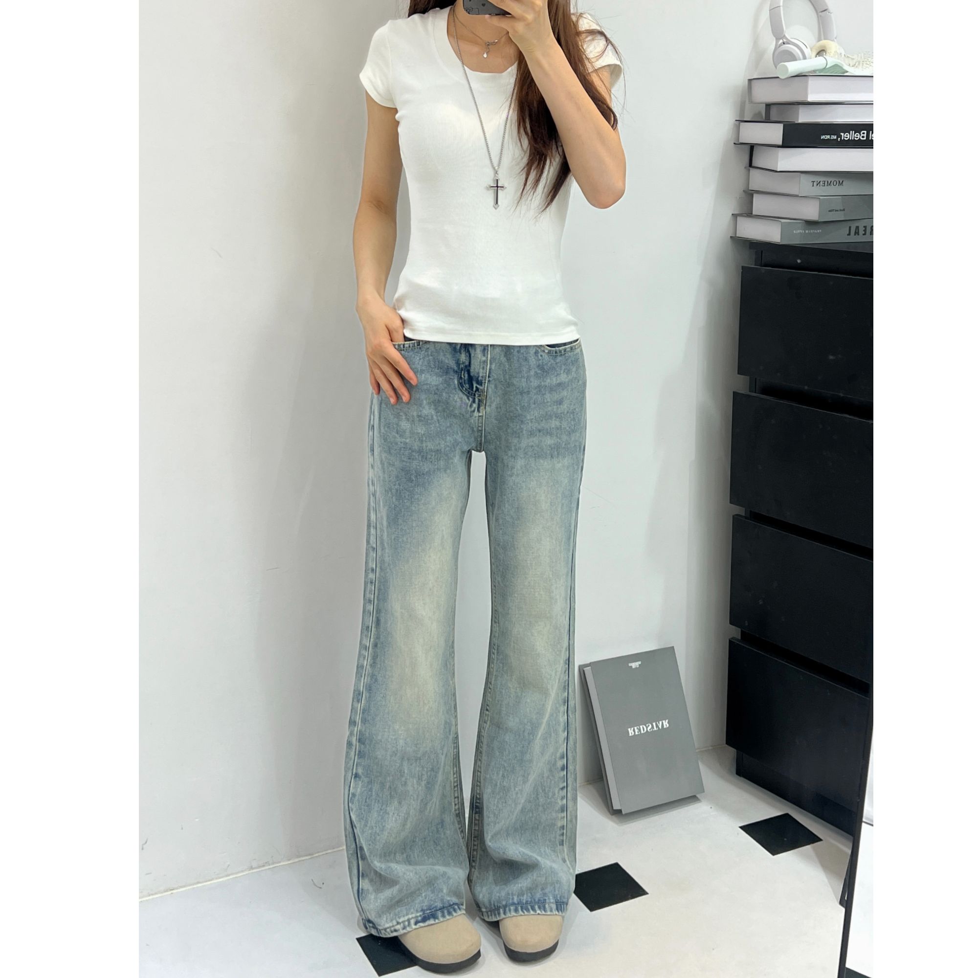 高个子加长美式浅色微喇牛仔裤女夏季高腰显瘦不贴腿拖地阔腿裤子