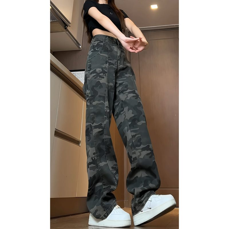 迷彩斜切工装牛仔裤男女春秋款美式复古显瘦高街vibe直筒休闲裤