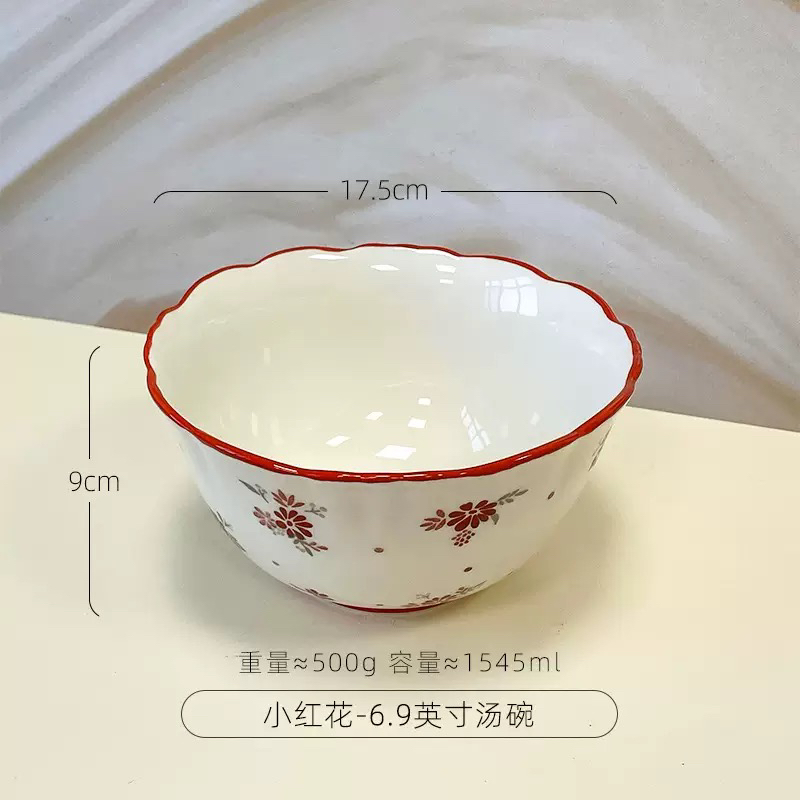 小红花陶瓷餐盘米饭碗少女心高颜值花卉深盘饭盘家用早餐盘酸奶碗
