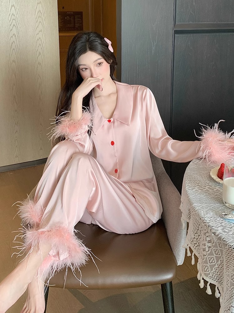 【樱曲】睡衣女秋季长袖长裤可爱高级感春秋可外穿家居服时尚水光缎