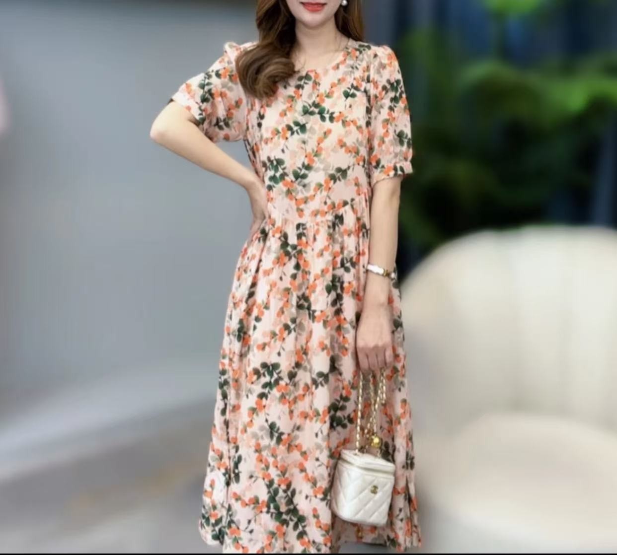 套头款夏季田园风优雅奢丝连衣裙长裙韩版时尚收腰74026