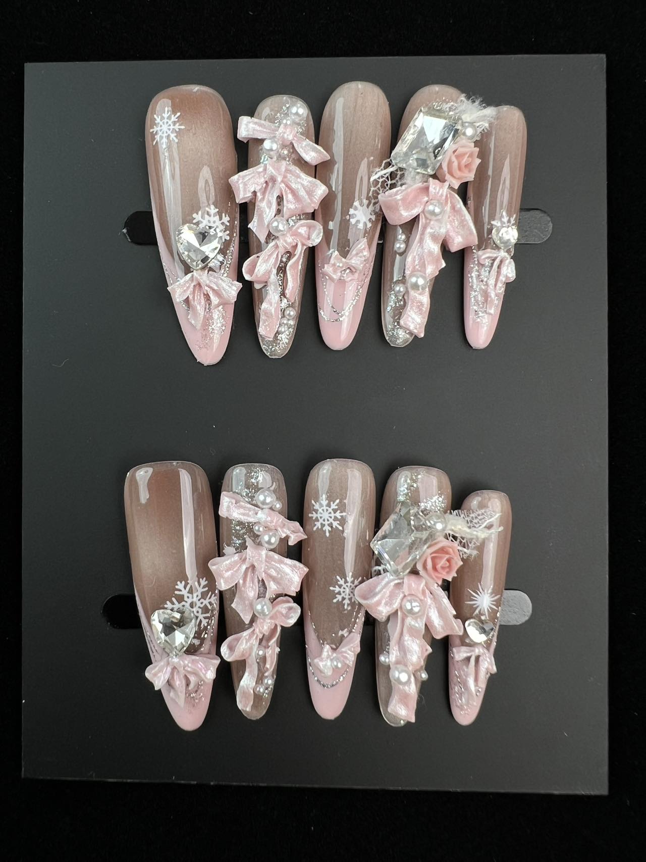 【粉雪蝶结】立体蝴蝶结钻石雪花甜粉系美甲