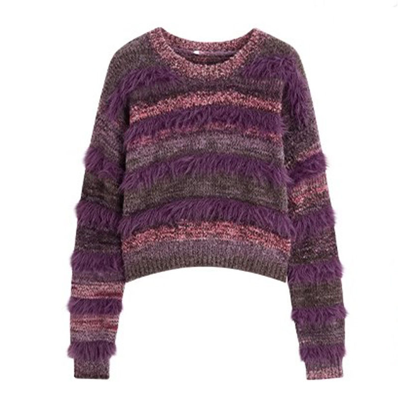 <猪猪出品>百搭气质时尚圆领套头长袖紫色女装毛针织衫224